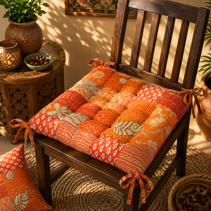 Vintage Orange Patchwork Chair Pad handmade Soft chair pad  Cushion Pad Seat Pad 15x15 Inch 1 Pcs