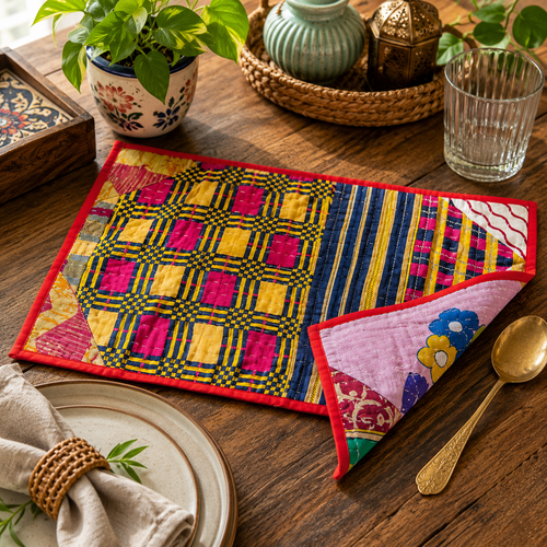 Colorful Kantha Placemats Set of 4 | Reversible Cotton Table Mats | Bohemian Kitchen Decor