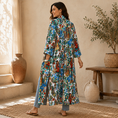 Handmade Cotton Kimono Robe for Women | White Floral Boho Long Kimono | Lightweight Cotton Beach Cover Up | Free Size
