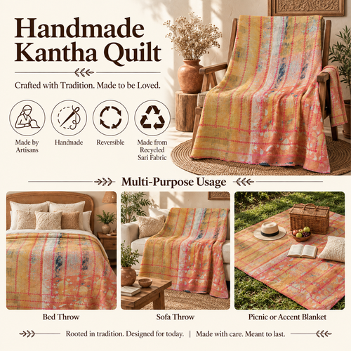 Mustard Yellow Vintage Kantha Quilt Handmade Reversible Cotton Throw Blanket – 75x100 Inches