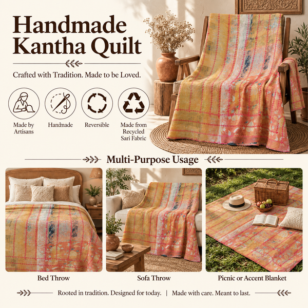 Mustard Yellow Vintage Kantha Quilt Handmade Reversible Cotton Throw Blanket – 75x100 Inches