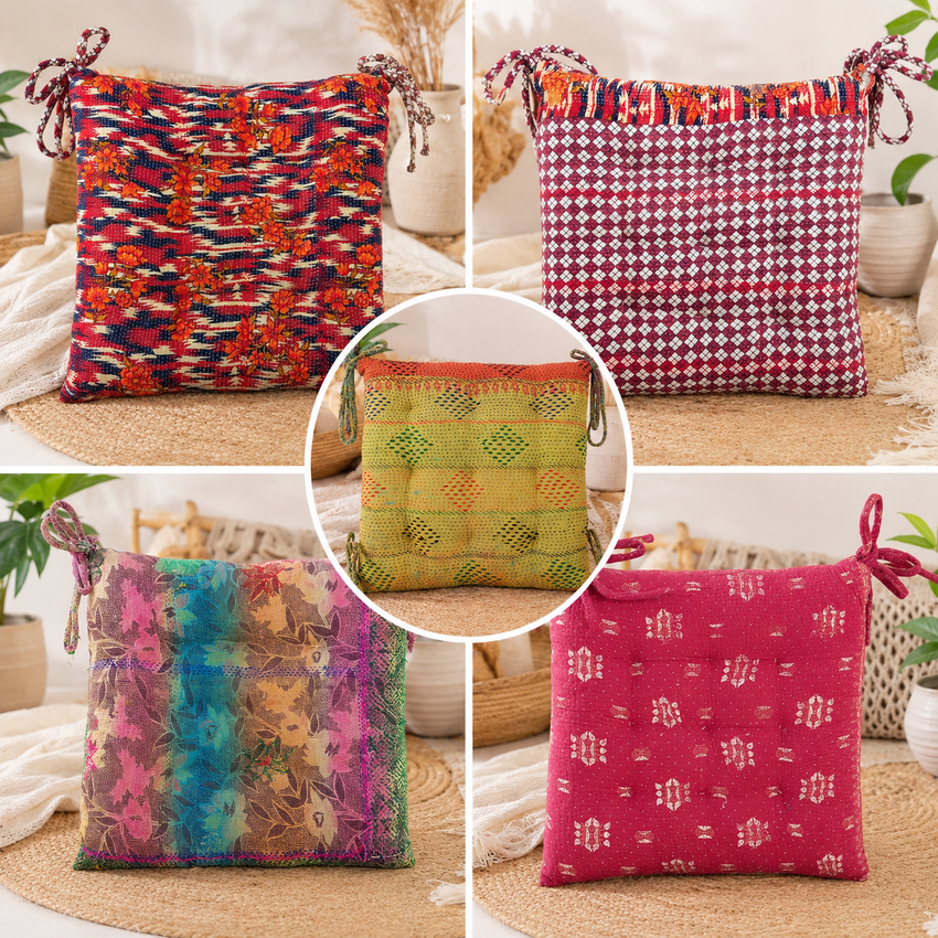 Vintage Kantha Chair Pad with Ties 5 Pcs, Handmade Cotton Patchwork Seat Cushion, Boho Dining Chair Pad, Recycled Sari Floor Cushion