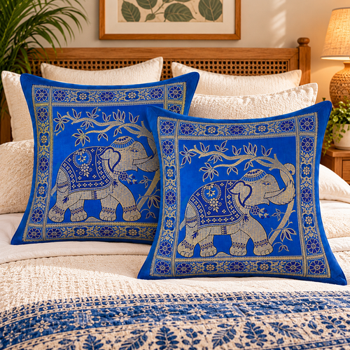 Set of 5 Ethnic Pillow Cover 16x16 Blue Brocade Elephant Cushion Covers