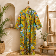 Handmade Yellow Cotton Kimono Robe for Women | Boho Floral Paisley Long Cardigan | Lightweight Beach Cover Up | Summer Resort Wear