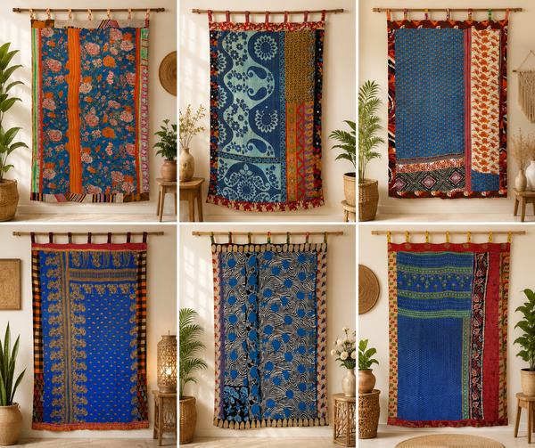 Vintage Kantha Curtain, Handmade blue  Patchwork Door Curtain, Recycled Sari Fabric Boho Window Panel, Colorful Indian Tapestry Curtain