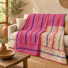 Pink & Cream Vintage Kantha Quilt – Handmade Reversible Cotton Bedspread, 60 × 100 Inches