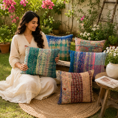 Set Of 5 Pcs Indian Bohemian Kantha Cushion Cover Handmade Antique Throw Pillow