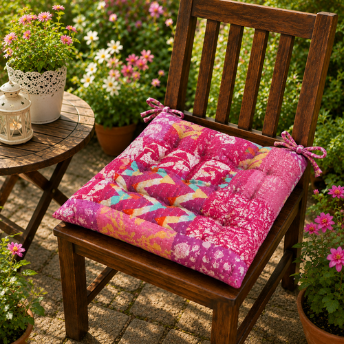 Pink patchwork Kantha Chair Pad, Handmade Cotton Chair Pad with Ties, Quilted Dining Chair Pad, Boho Chair Pad, Kitchen Chair Pad, Farmhouse Seat Pad