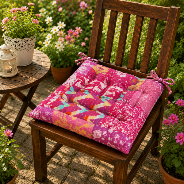 Pink patchwork Kantha Chair Pad, Handmade Cotton Chair Pad with Ties, Quilted Dining Chair Pad, Boho Chair Pad, Kitchen Chair Pad, Farmhouse Seat Pad