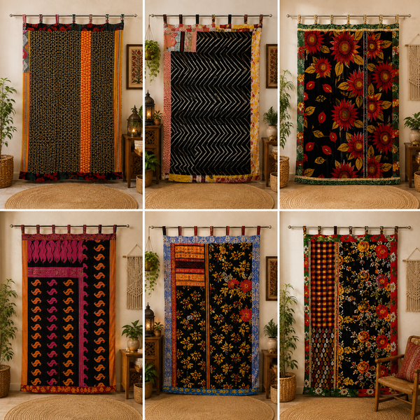 Handmade Kantha Tab Top Curtains, Cotton Patchwork Window Curtain, Boho Curtain Panel, Vintage Kantha Drapes, Farmhouse Window Treatment, Mixed Assorted Curtain