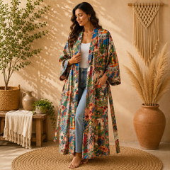 Peach Tropical Cotton Kimono Cardigan for Women | Long Boho Open Front Robe with Pockets