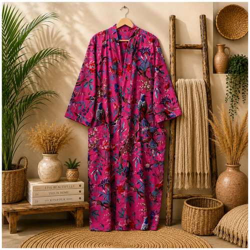 Women's Cotton Floral Bird Print Long Kimono Robe | Boho Lightweight Open Front Cardigan with Pockets