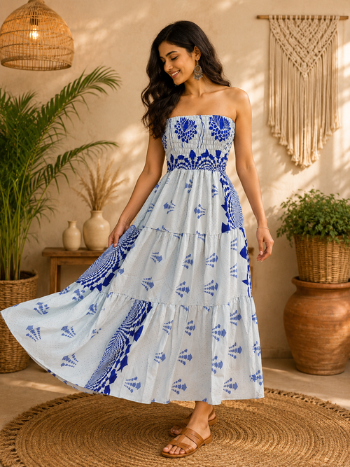 Vintage Strapless Smocked Maxi Dress for Women | Handmade Cotton Boho Summer Beach Dress