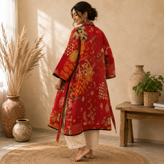 Indian Vintage Kantha Cotton Red Patchwork Kimono Long Robe