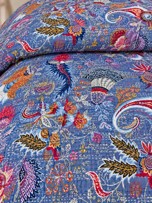 Indian Vintage Fabric Mukut Print Blue Quilt