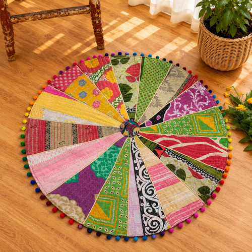 Round Kantha Patchwork Floor Mat – Handmade Vintage Cotton Boho Rug with Pom Pom Trim, Colorful Indian Meditation Mat & Nursery Decor