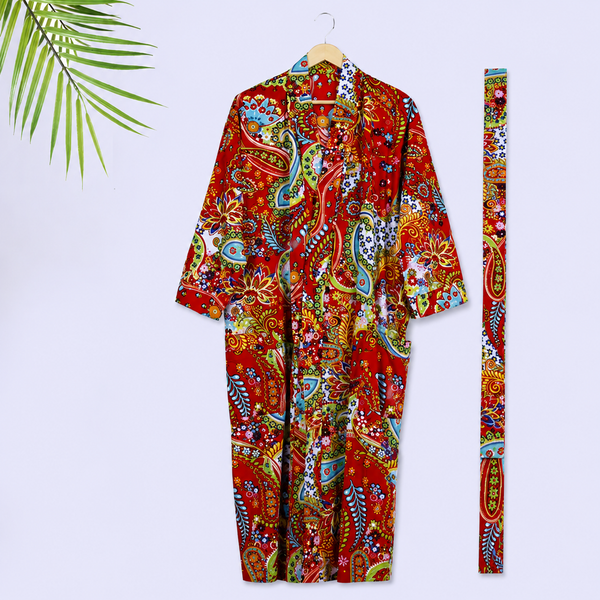 Indian Cotton Red Paisley Printed Kimono Long Robe, Bath Robe
