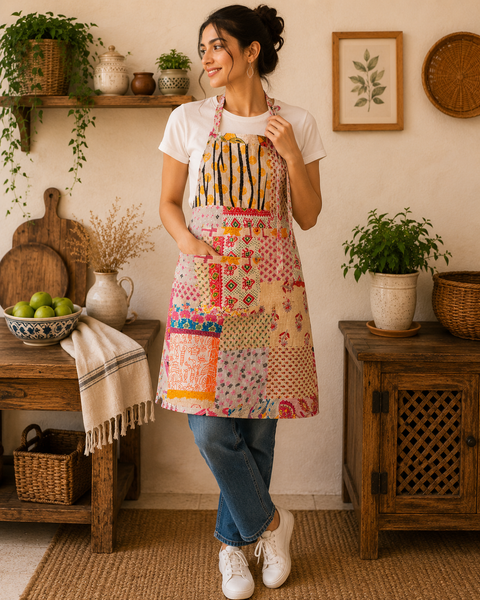 Vintage Kantha Patchwork Apron 1 Pc, Handmade Cotton Cooking Apron, Boho Recycled Sari Kitchen Apron, Indian Quilted Craft Apron