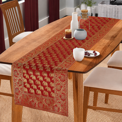 Silk Brocade Table Runner, Formal Entertaining, Red Elephant Print Runner