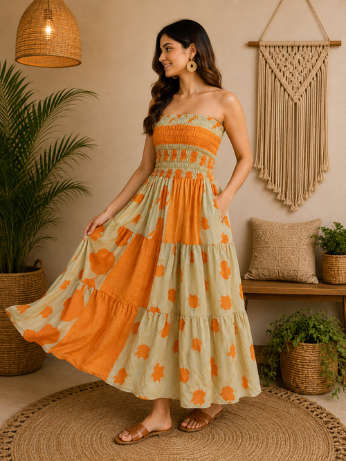 Handmade Cotton Strapless Smocked Patchwork Maxi Dress for Women | Boho Summer Tiered Beach Dress with Pockets
