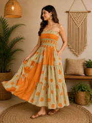 Handmade Cotton Strapless Smocked Patchwork Maxi Dress for Women | Boho Summer Tiered Beach Dress with Pockets