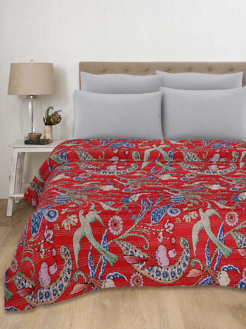 Indian Handmade Red Bird Cotton Quilt