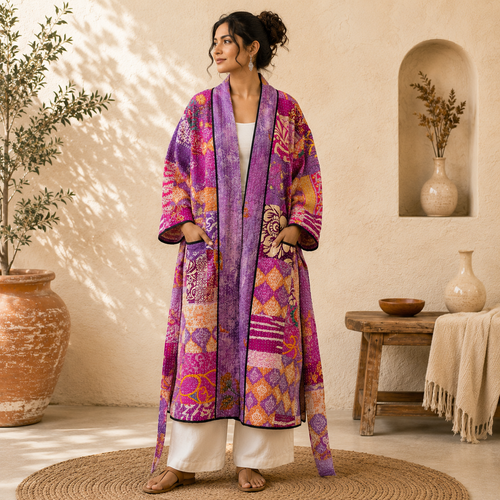 Patchwork Bath Robe | Vintage Kantha Cotton Kimono | Cotton Robe | Night Wear Suit | Long Cotton Robe (13 Colour Option Available)
