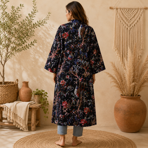 Boho Floral Cotton Kimono Cardigan for Women | Long Open Front Lightweight Robe with Pockets