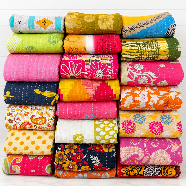Vintage Kantha Quilt Handmade Indian Cotton Throw, Colorful Boho Patchwork Bedspread, Reversible Sari Blanket, Mixed Assorted Kantha