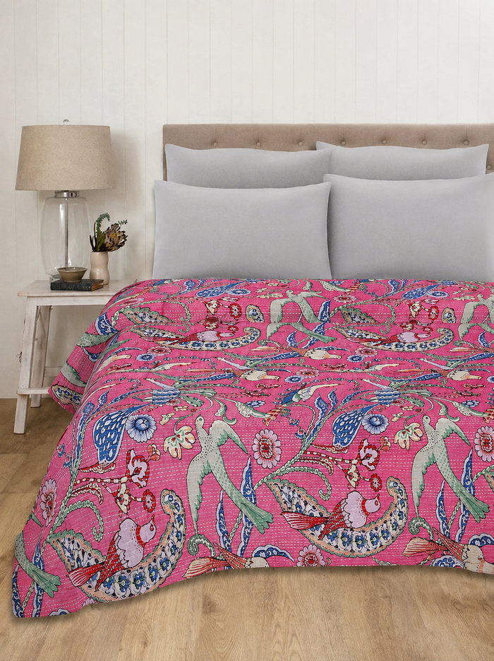 Baby Pink Bird Print Indian Vintage Kantha Quilt Throw