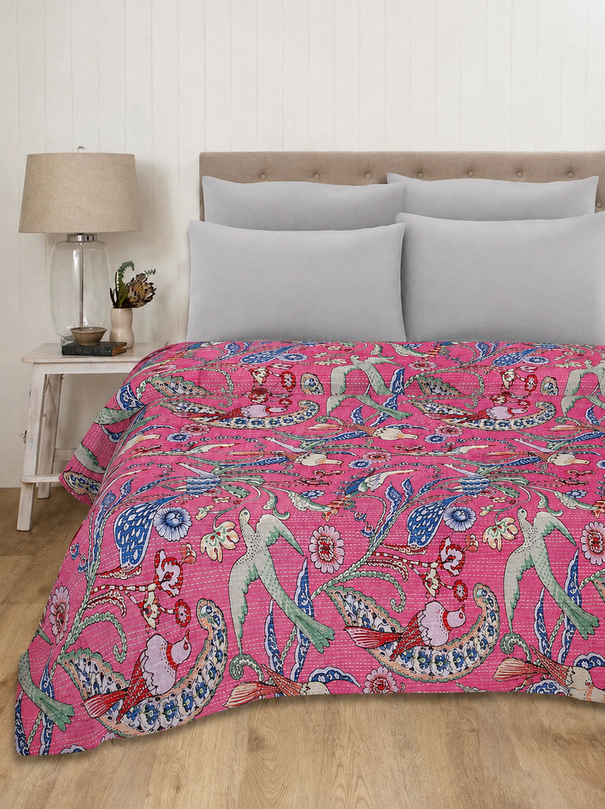 Baby Pink Bird Print Indian Vintage Kantha Quilt Throw