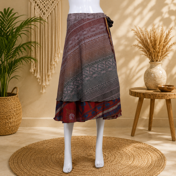 Vintage Boho Wrap Skirt for Women | Handmade Upcycled Sari Midi Skirt | Adjustable Tie Waist | Tribal Print Festival Skirt | Sustainable Beach Wear