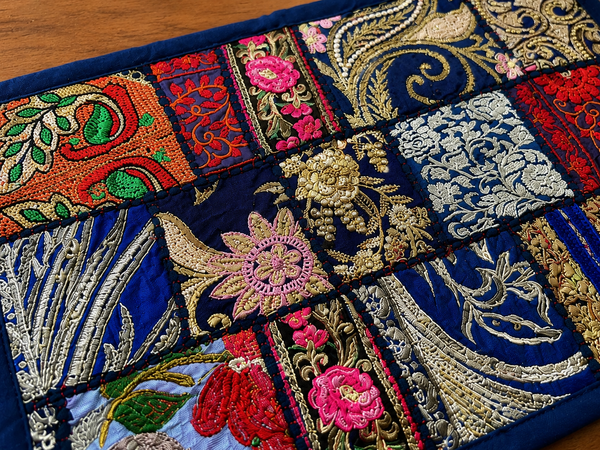 Handmade Blue Patchwork Embroidered Placemat Set of 2 Pcs – Vintage Textile Table Mat