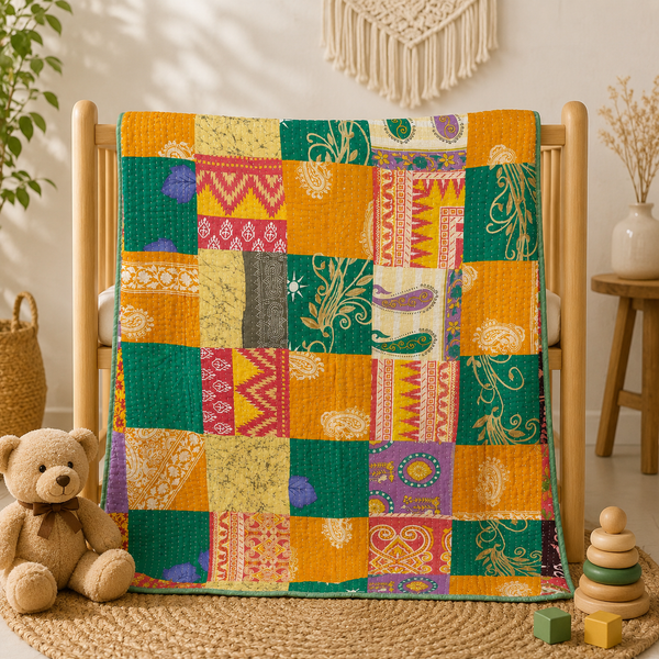 Indian Vintage Kantha Handmade 100% Cotton Baby Quilt