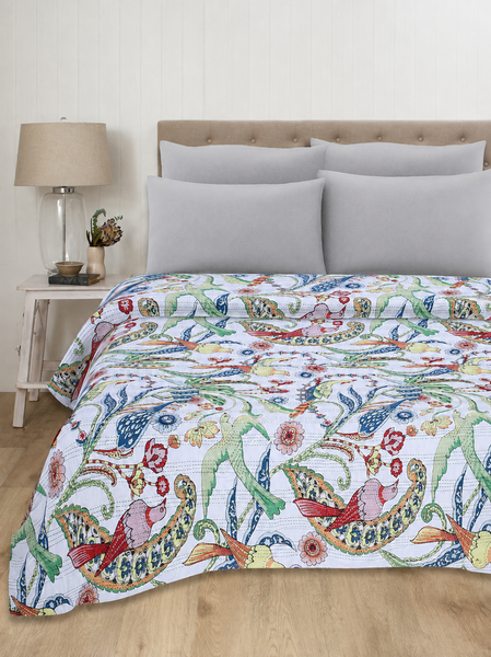 Bohemian Vintage White Bird Quilt Kantha Handmade Quilt