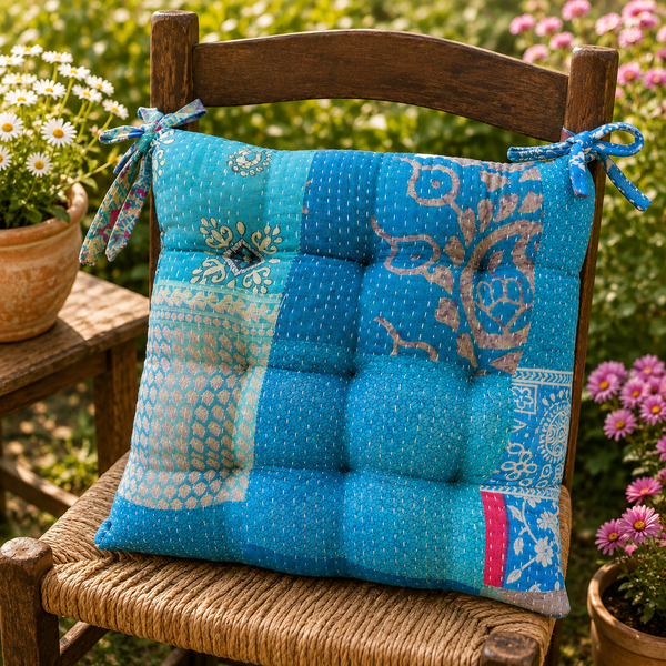 Blue Patchwork Chair Pad, Handmade Kantha Chair Pad, Tie On Cotton Seat Pad, Quilted Dining Chair Pad, Boho Kitchen Chair Pad, Garden Chair Pad
