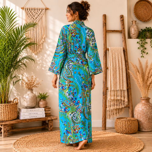 Women's Turquoise Paisley Cotton Kimono Robe | Lightweight Boho Long Robe with Belt & Pockets