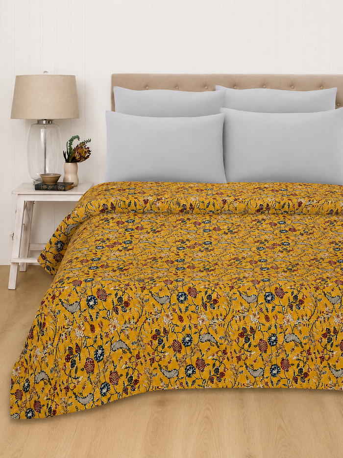 Yellow Floral Vintage Fabric Quilt Throw Bedsheet
