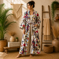 Women's White Cotton Bird & Floral Print Long Kimono Robe | Boho Lightweight Open Front Duster Cardigan with Belt & Pockets