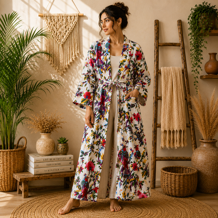 Women's White Cotton Bird & Floral Print Long Kimono Robe | Boho Lightweight Open Front Duster Cardigan with Belt & Pockets