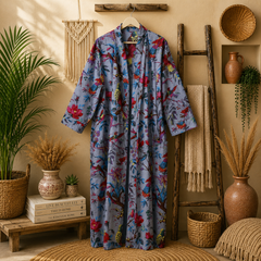 Women's Cotton Bird & Floral Print Long Kimono Robe | Boho Lightweight Open Front Duster Cardigan with Pockets
