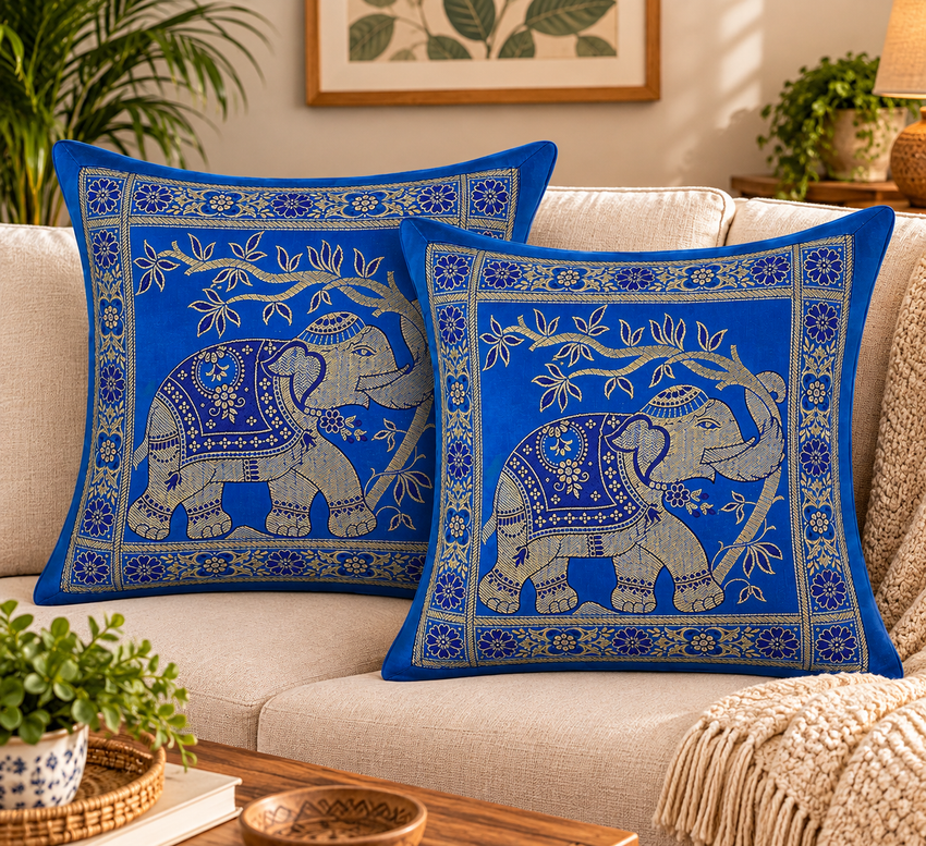 Set of 5 Ethnic Pillow Cover 16x16 Blue Brocade Elephant Cushion Covers