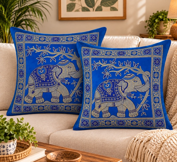 Set of 5 Ethnic Pillow Cover 16x16 Blue Brocade Elephant Cushion Covers