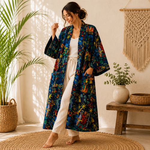 Handmade Cotton Kimono Robe for Women | Navy Blue Boho Long Kimono | Floral Cotton Beach Cover Up | Resort Wear | Free Size
