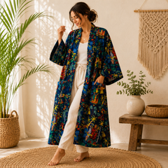 Handmade Cotton Kimono Robe for Women | Navy Blue Boho Long Kimono | Floral Cotton Beach Cover Up | Resort Wear | Free Size