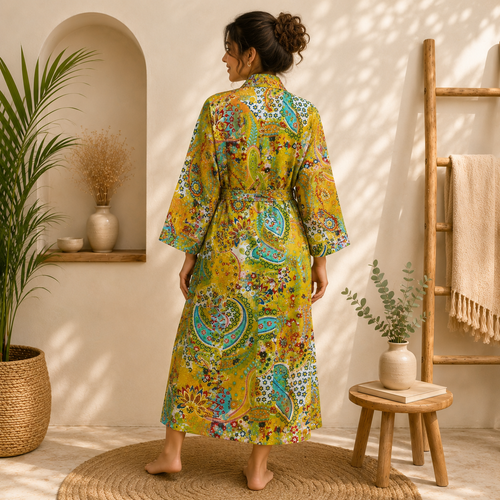 Handmade Yellow Cotton Kimono Robe for Women | Boho Floral Paisley Long Cardigan | Lightweight Beach Cover Up | Summer Resort Wear
