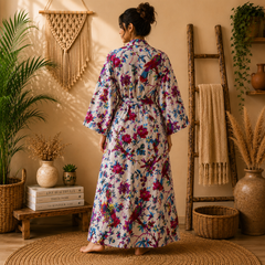 Women's Cream Cotton Bird & Floral Print Long Kimono Robe | Boho Lightweight Open Front Duster Cardigan with Belt & Pockets