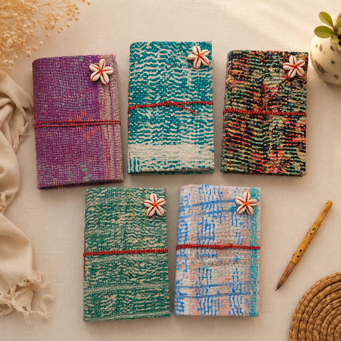 Vintage Kantha Journal Handmade Fabric Notebook 5 Pcs, Recycled Sari Diary, Boho Writing Journal, Indian Textile Notebook, Unique Gift
