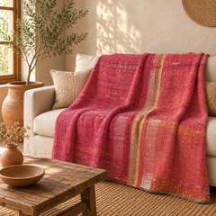 Pink Vintage Kantha Quilt Handmade Reversible Cotton Throw Blanket – 60x90 Inches