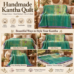 Turquoise Green Vintage Kantha Quilt Handmade Cotton Throw Blanket with Lime Green Floral Print – 60x90 Inches
